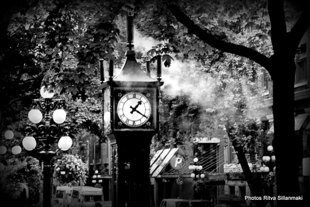 steam-powered clock B&W