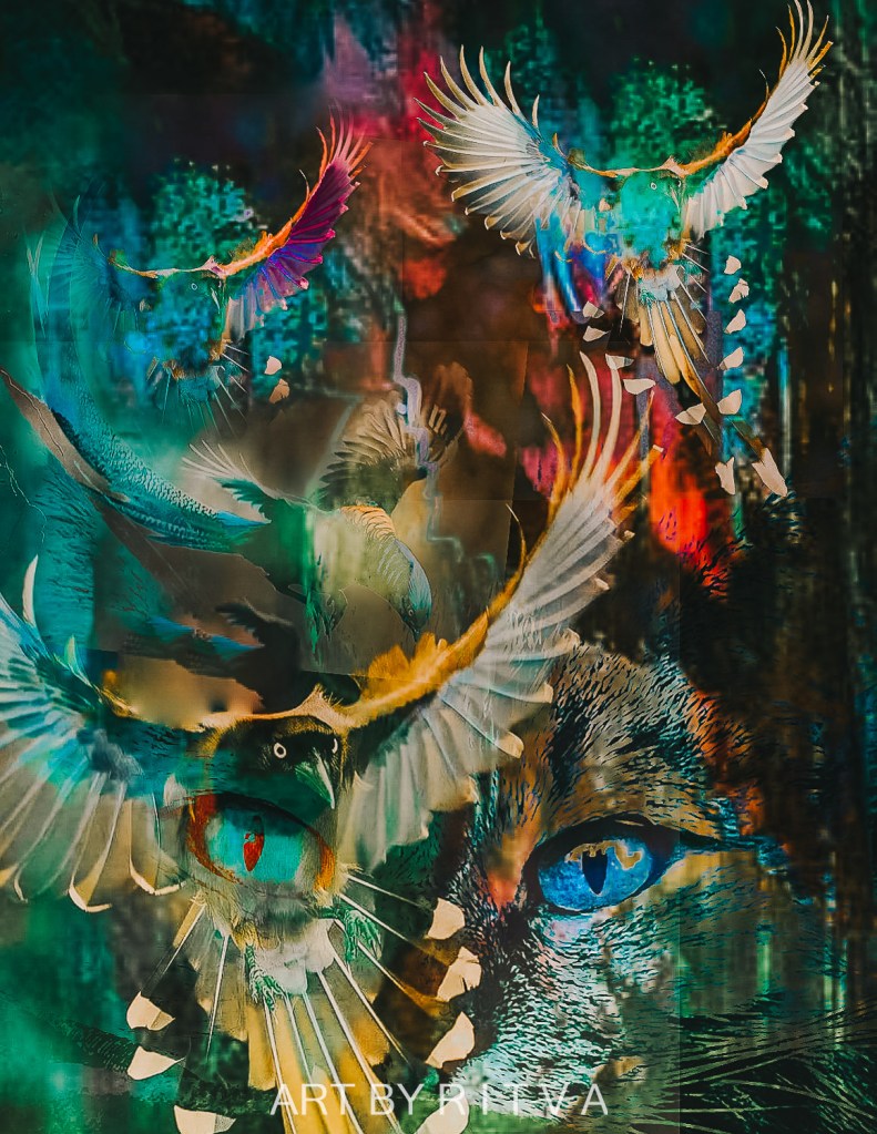 A vibrant mixed media artwork featuring colorful birds in flight and a close-up of a feline face, blending elements of nature and abstract art.