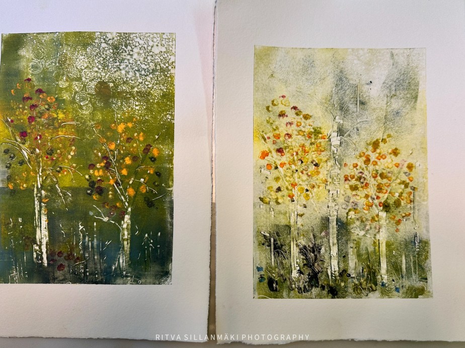Two printed artworks showcasing stylized trees with vibrant colors against a textured background, created using the monotype printmaking technique.