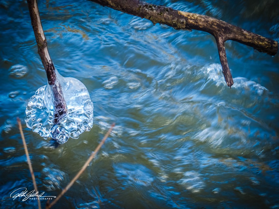 A close-up image of a stick partially submerged in water, with a circular ice formation hanging from it, surrounded by flowing water and ripples.