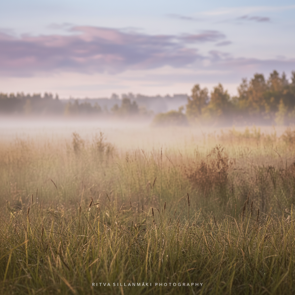 Autumn Mist Over the Meadow Misty meadow of tall grasses at sunrise, with trees beneath a pastel sky