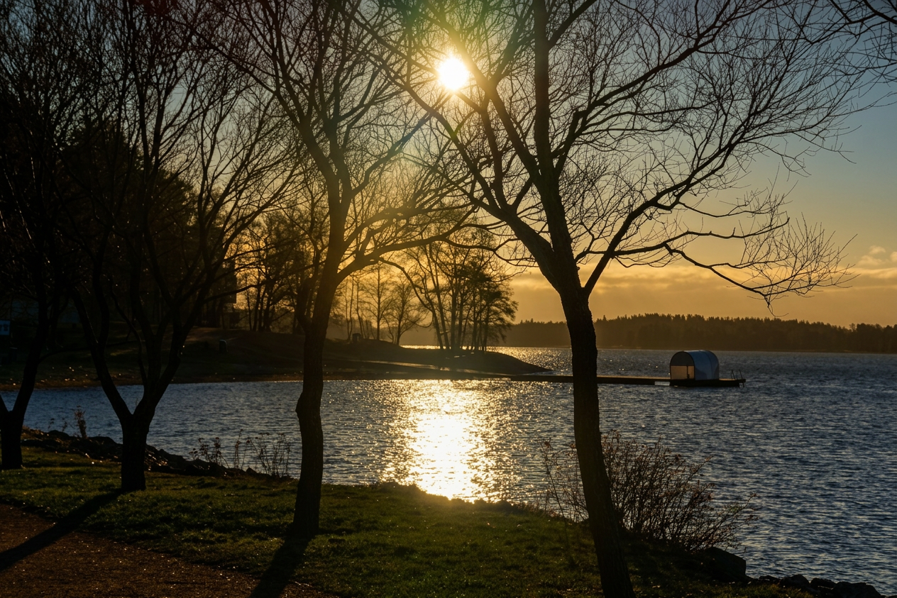 Seaside sunset viewed through bare trees