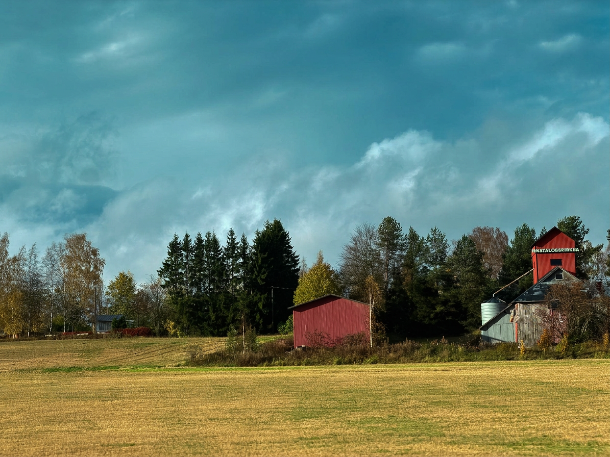Finnish farm buildings beneath autumn skies