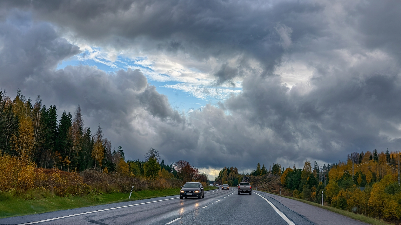 Autumn highway beneath dramatic storm clouds