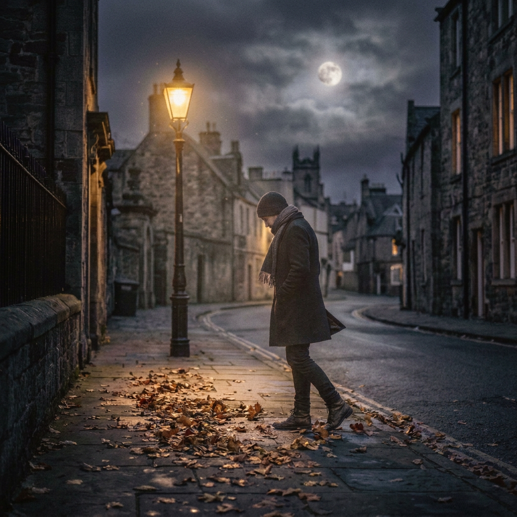 Moonlit Evening Walk Through Historic Streets Person in coat and scarf walking along a leaf-covered historic street at night